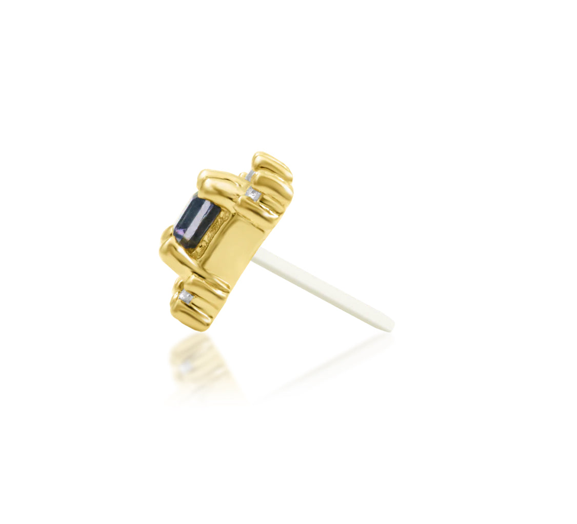 Junipurr Adelaide solid 14k yellow gold square Iolite and White CZ threadless end, side profile.