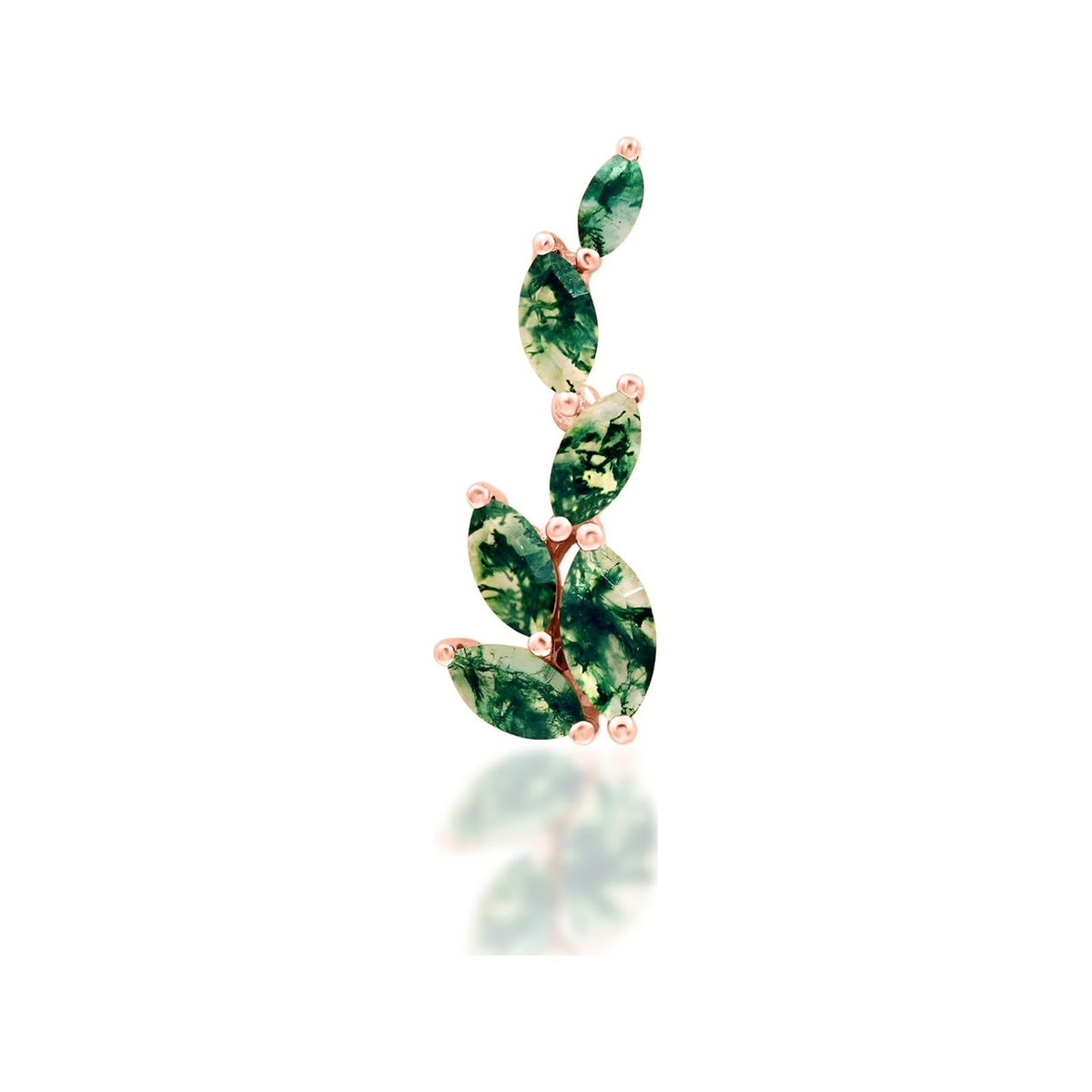 Junipurr Agatha solid 14k rose gold moss agate threadless end, front view.