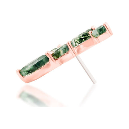 Junipurr Agatha solid 14k rose gold moss agate threadless end, side profile.