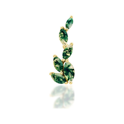 Junipurr Agatha solid 14k yellow gold moss agate threadless end, front view.