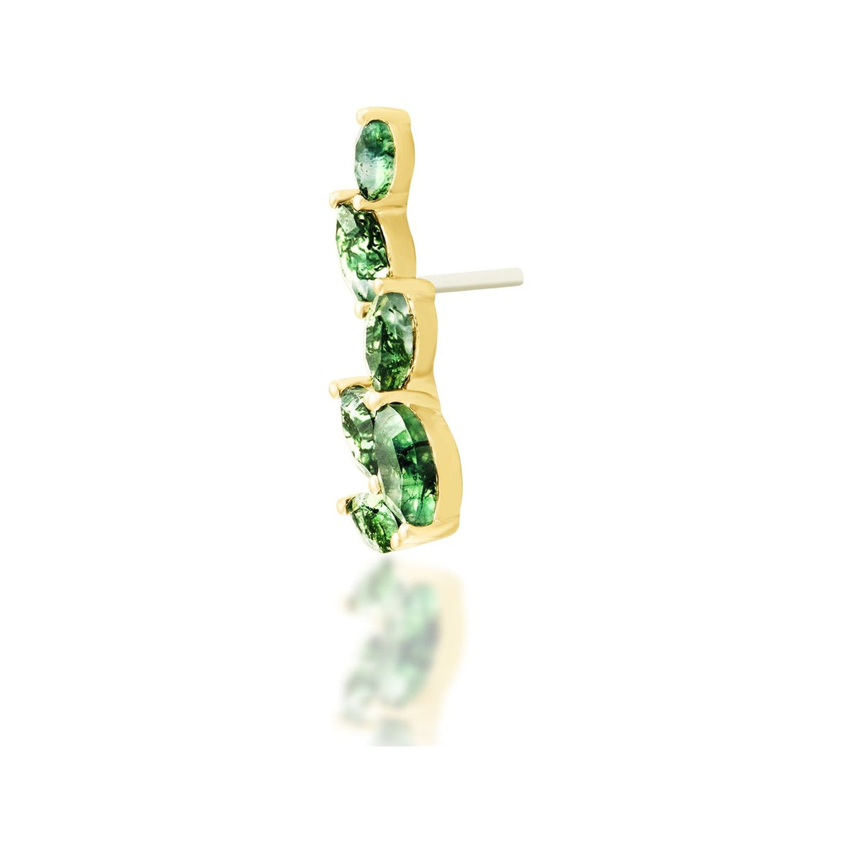 Junipurr Agatha solid 14k yellow gold moss agate threadless end, angled view.