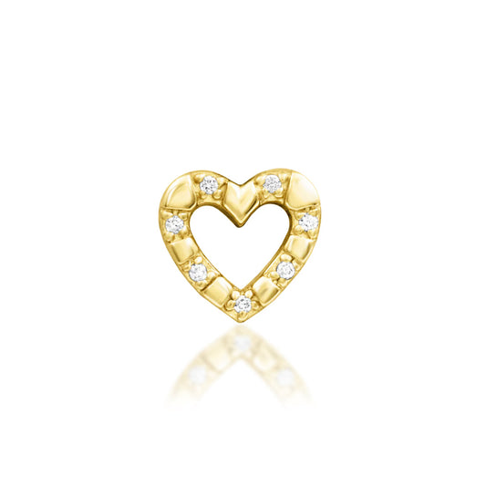 Junipurr Ahara threadless decorative end in solid 14k yellow gold with seven White CZ stones tracing a heart shape, front view.