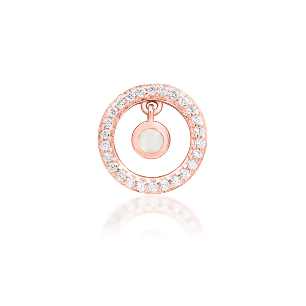 Junipurr Ailany solid 14k rose gold moonstone and CZ halo threadless end, front view.