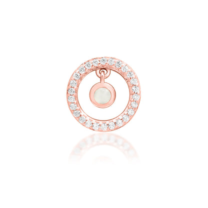 Junipurr Ailany solid 14k rose gold moonstone and CZ halo threadless end, front view.