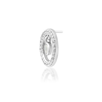 Junipurr Ailany solid 14k white gold moonstone and CZ halo threadless end, angled view.
