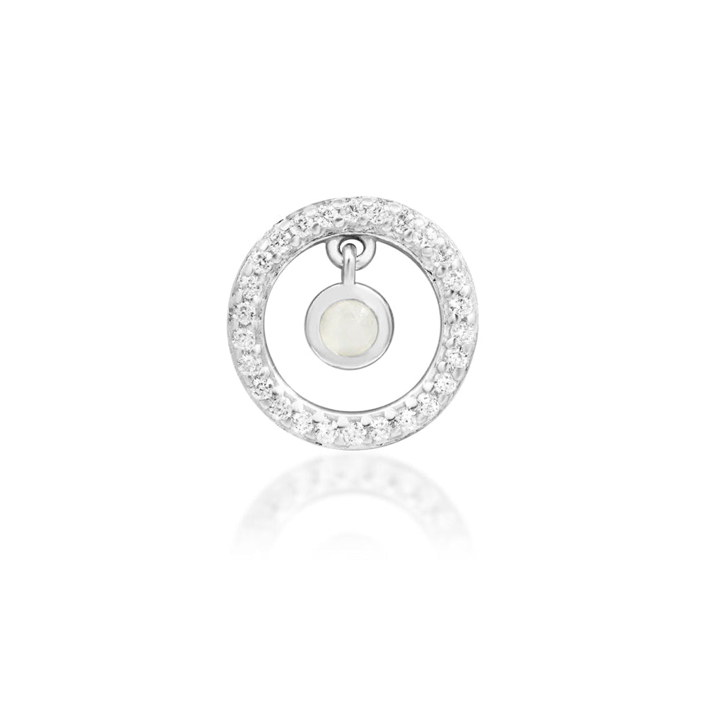 Junipurr Ailany solid 14k white gold moonstone and CZ halo threadless end, front view.