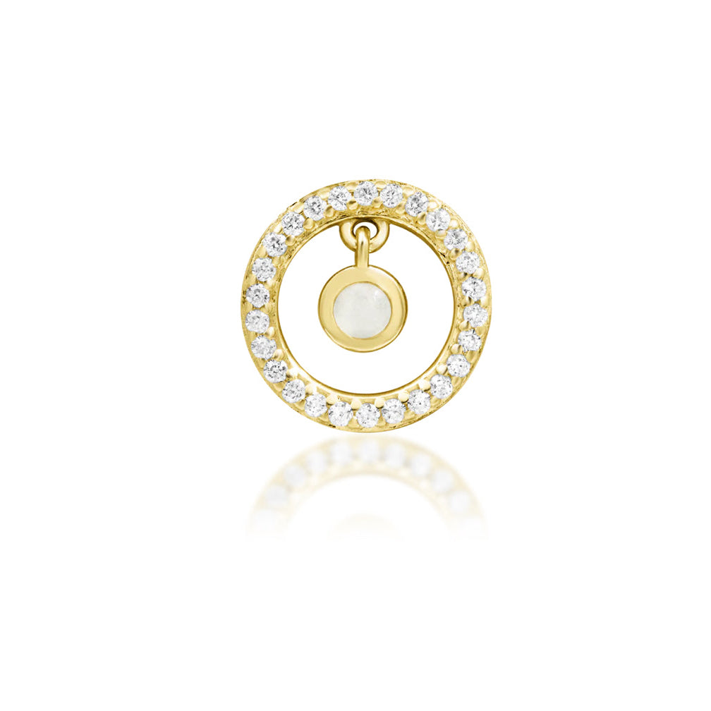 Junipurr Ailany solid 14k yellow gold moonstone and CZ halo threadless end, front view.