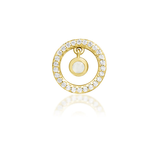 Junipurr Ailany solid 14k yellow gold moonstone and CZ halo threadless end, front view.