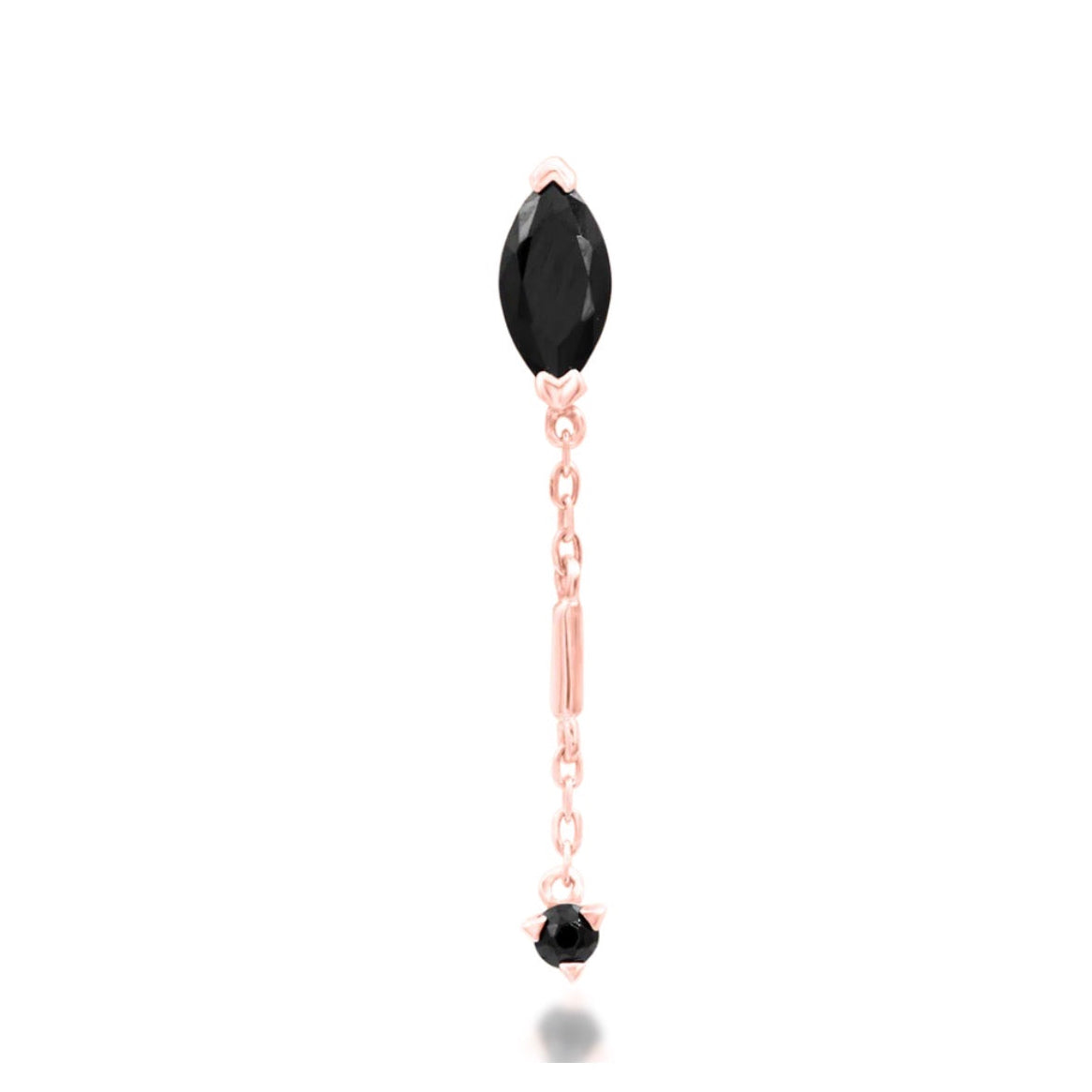 Front view of Junipurr Akasha black CZ chain threadless end in 14k rose gold.