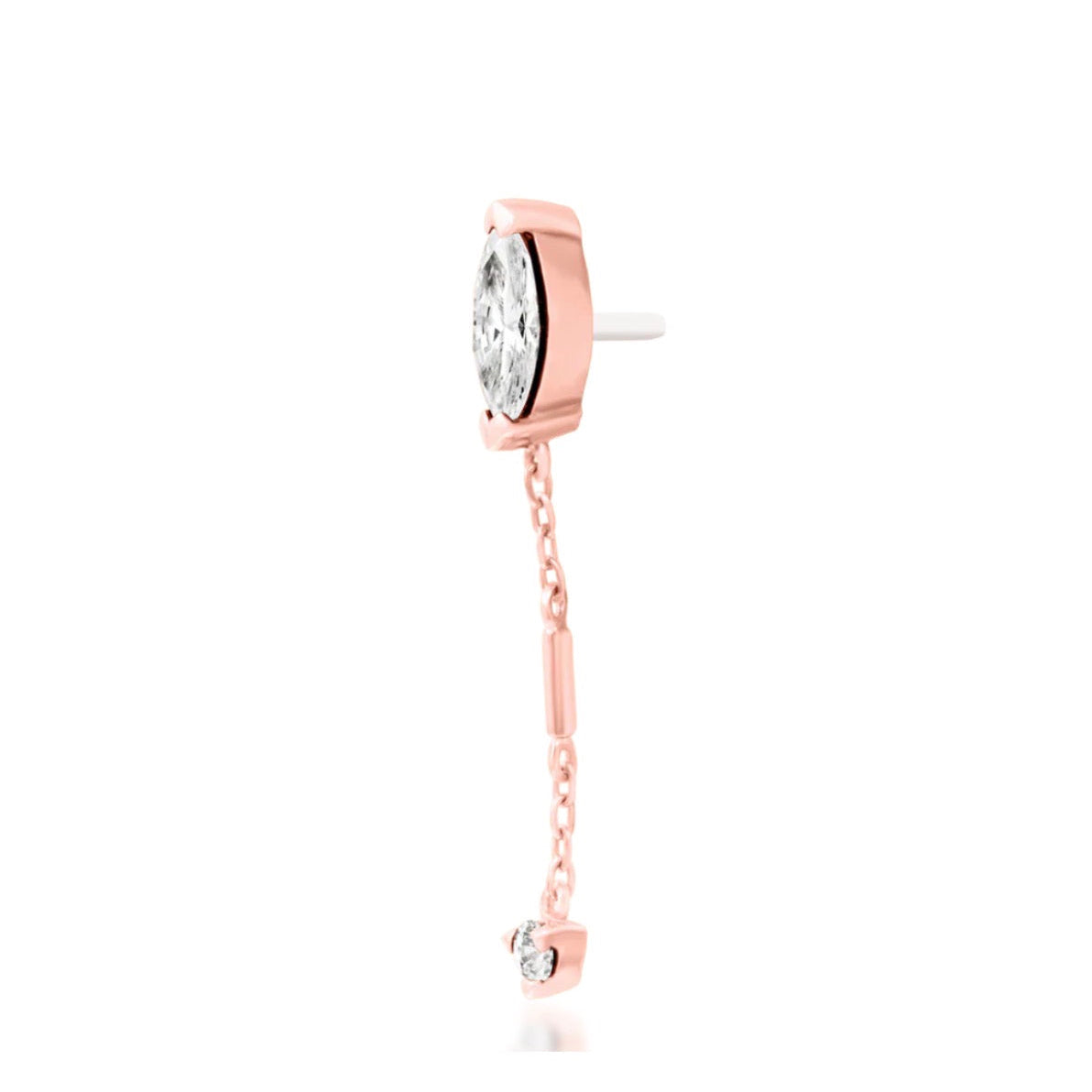 Junipurr Akasha solid 14k rose gold White CZ chain threadless end, angled view.