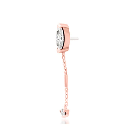 Junipurr Akasha solid 14k rose gold White CZ chain threadless end, angled view.
