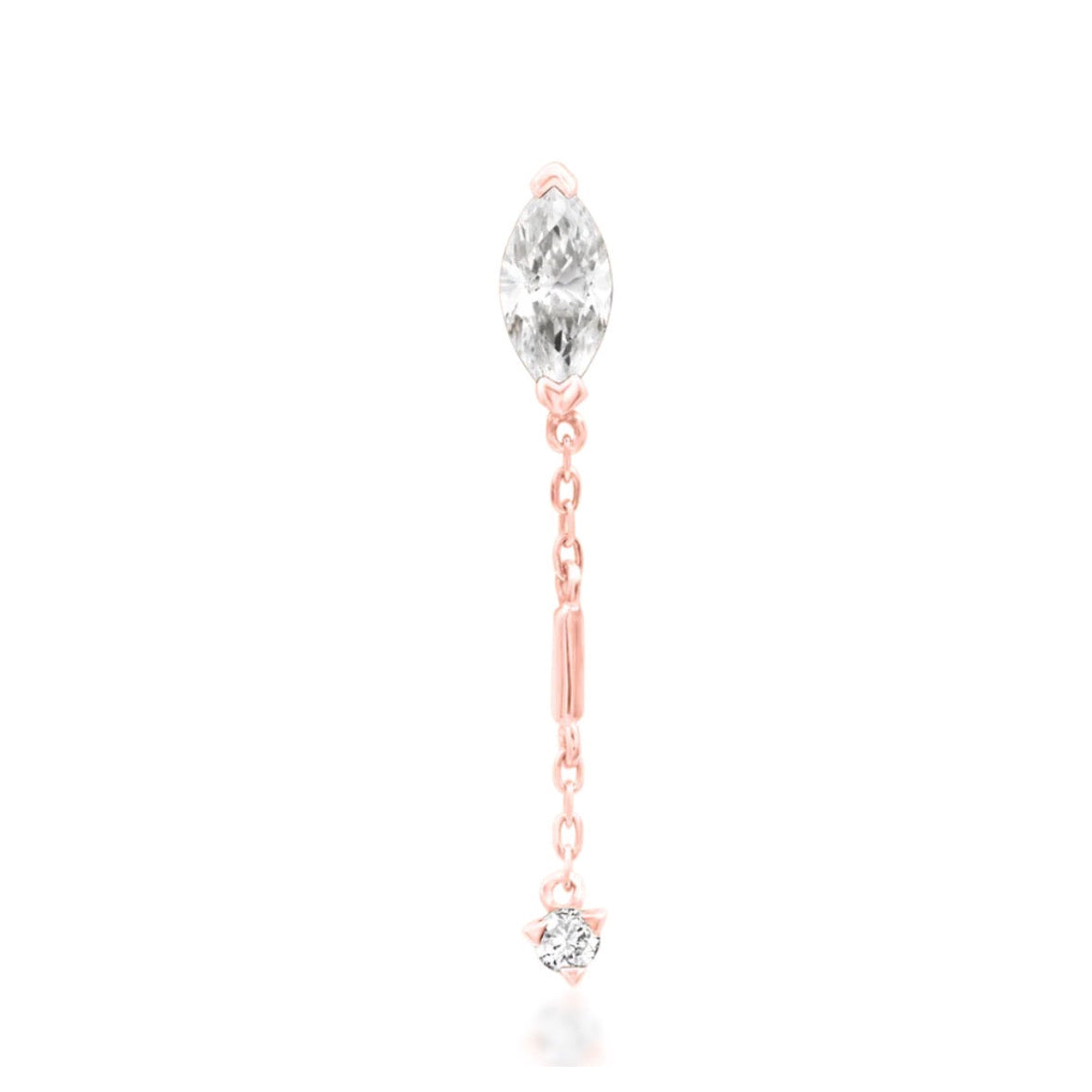 Junipurr Akasha solid 14k rose gold chain threadless end with marquise and round White CZ stones, front view.
