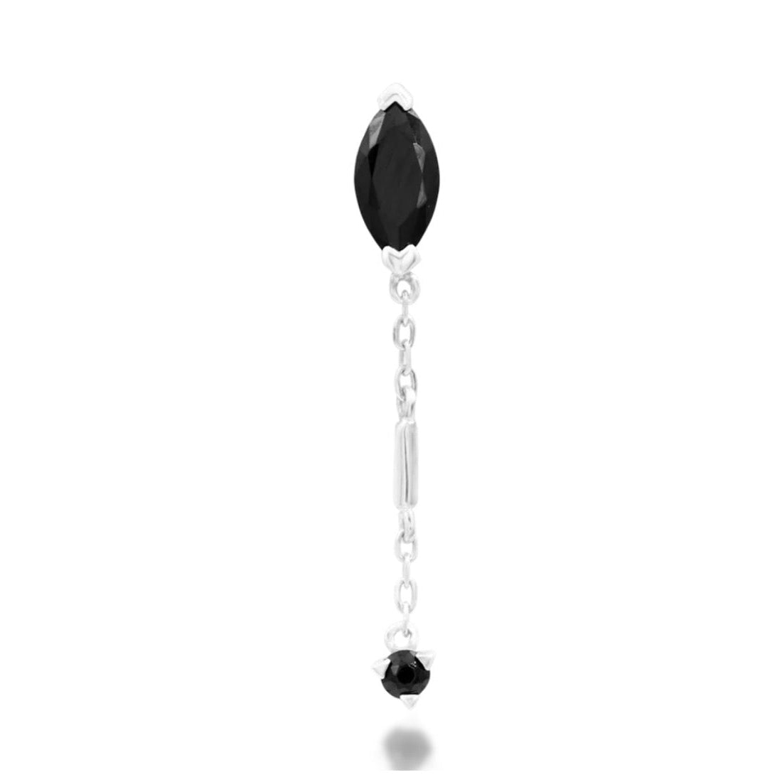 Front view of Junipurr Akasha black CZ chain threadless end in 14k white gold.