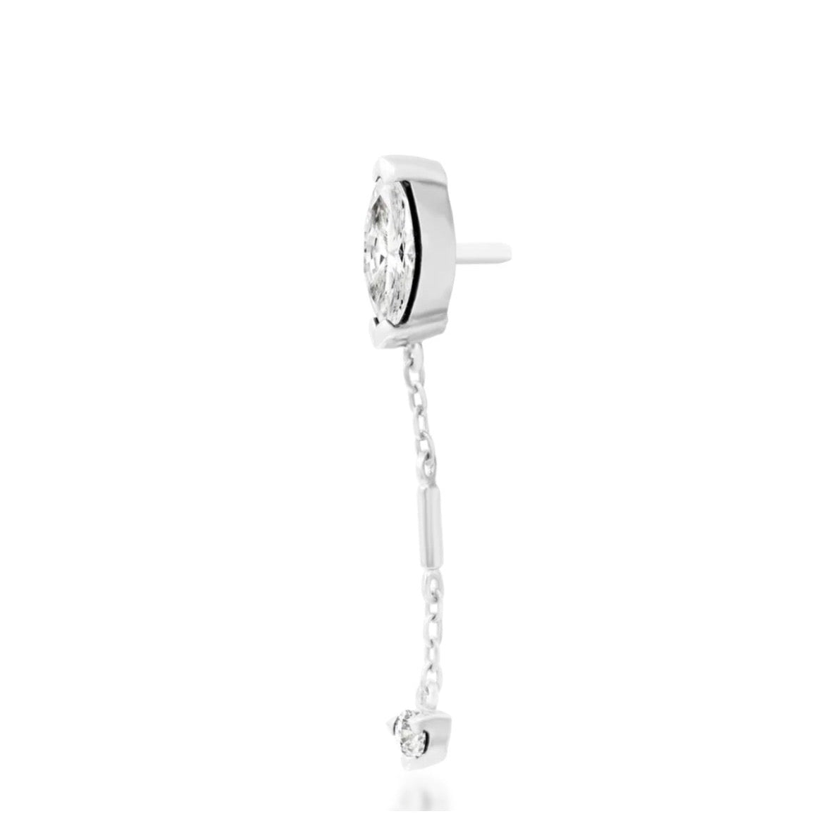 Junipurr Akasha solid 14k white gold White CZ chain threadless end, angled view.