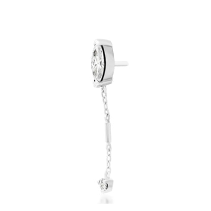 Junipurr Akasha solid 14k white gold White CZ chain threadless end, angled view.
