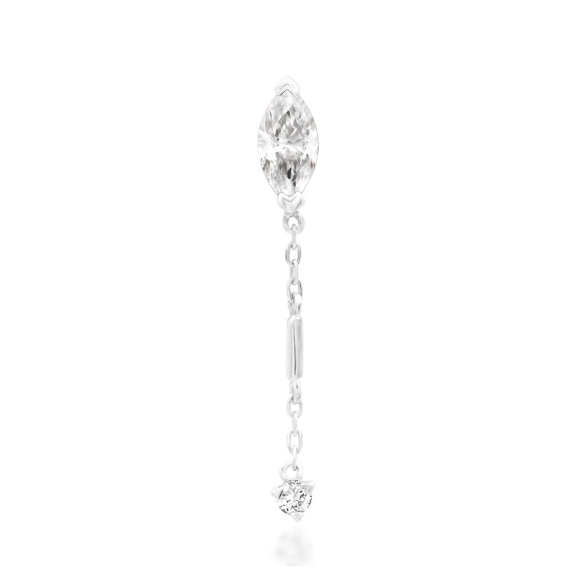 Junipurr Akasha solid 14k white gold chain threadless end with marquise and round White CZ stones, front view.