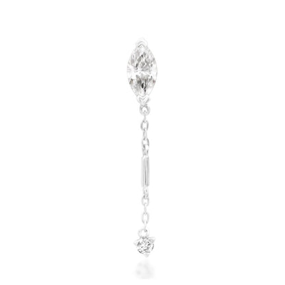 Junipurr Akasha solid 14k white gold chain threadless end with marquise and round White CZ stones, front view.