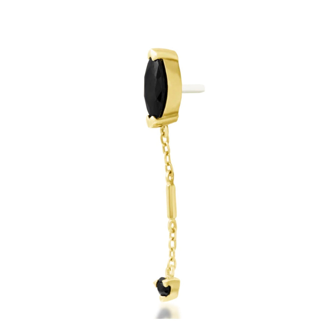 Angled view of Junipurr Akasha black CZ chain threadless end in 14k yellow gold.