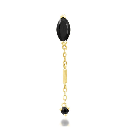 Junipurr Akasha solid 14k yellow gold chain threadless end with marquise and round Black CZ stones, front view.