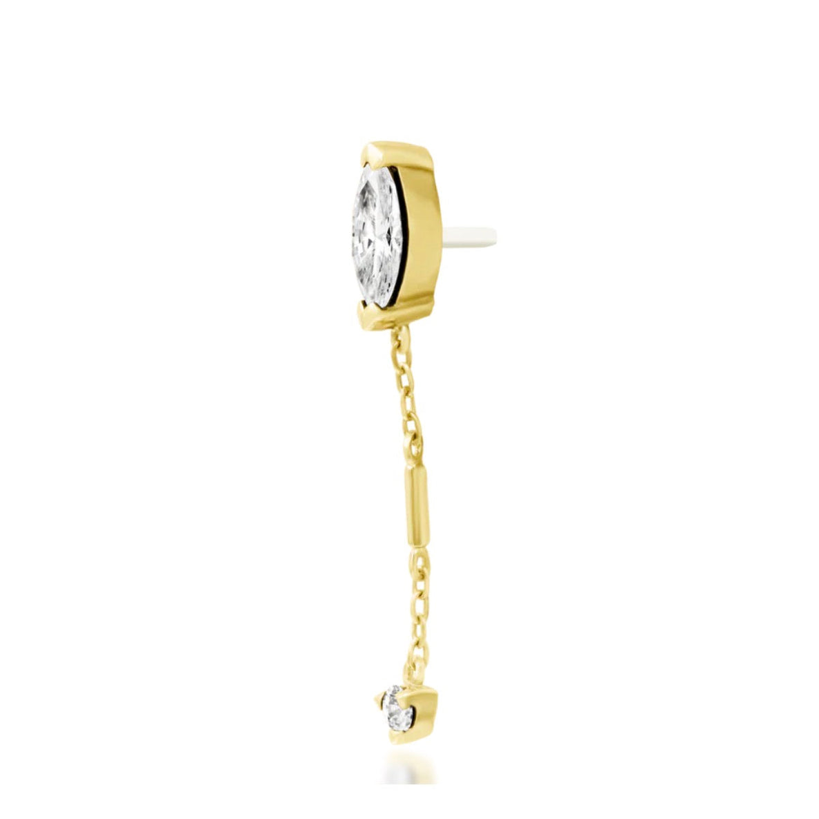 Junipurr Akasha solid 14k yellow gold White CZ chain threadless end, angled view.