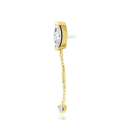 Junipurr Akasha solid 14k yellow gold White CZ chain threadless end, angled view.