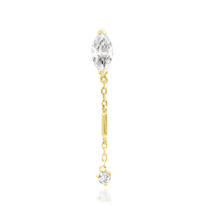 Junipurr Akasha solid 14k yellow gold chain threadless end with marquise and round White CZ stones, front view.