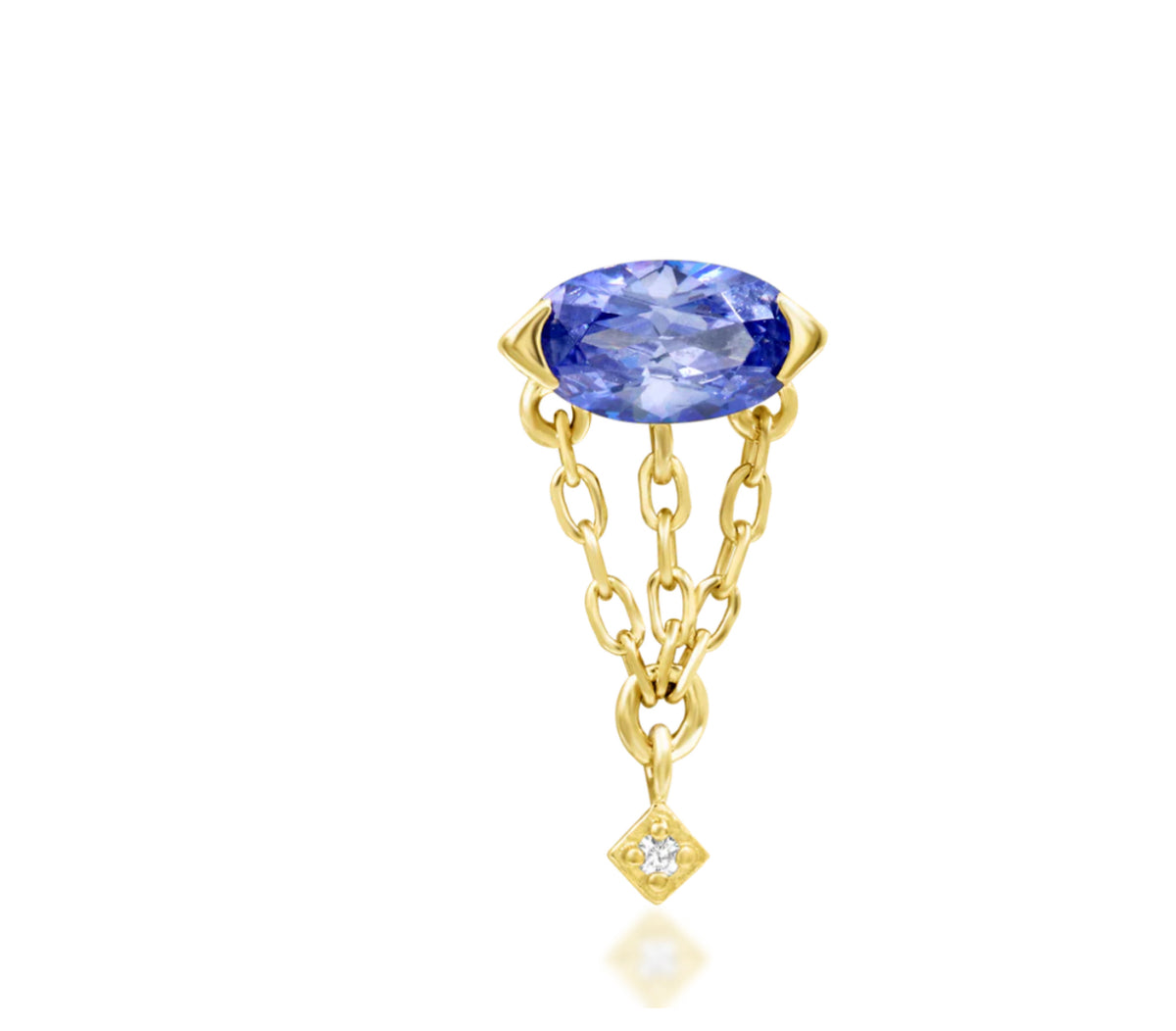 Junipurr Akina solid 14k gold Tanzanite CZ chain threadless decorative end, product view.