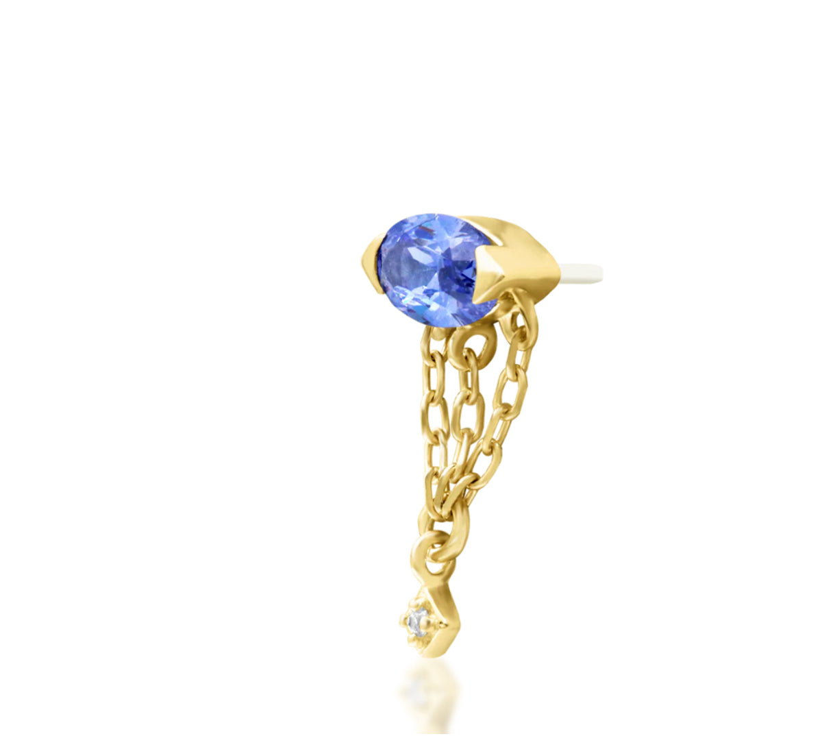 Junipurr Akina Tanzanite CZ threadless decorative end with articulated chain, product view.
