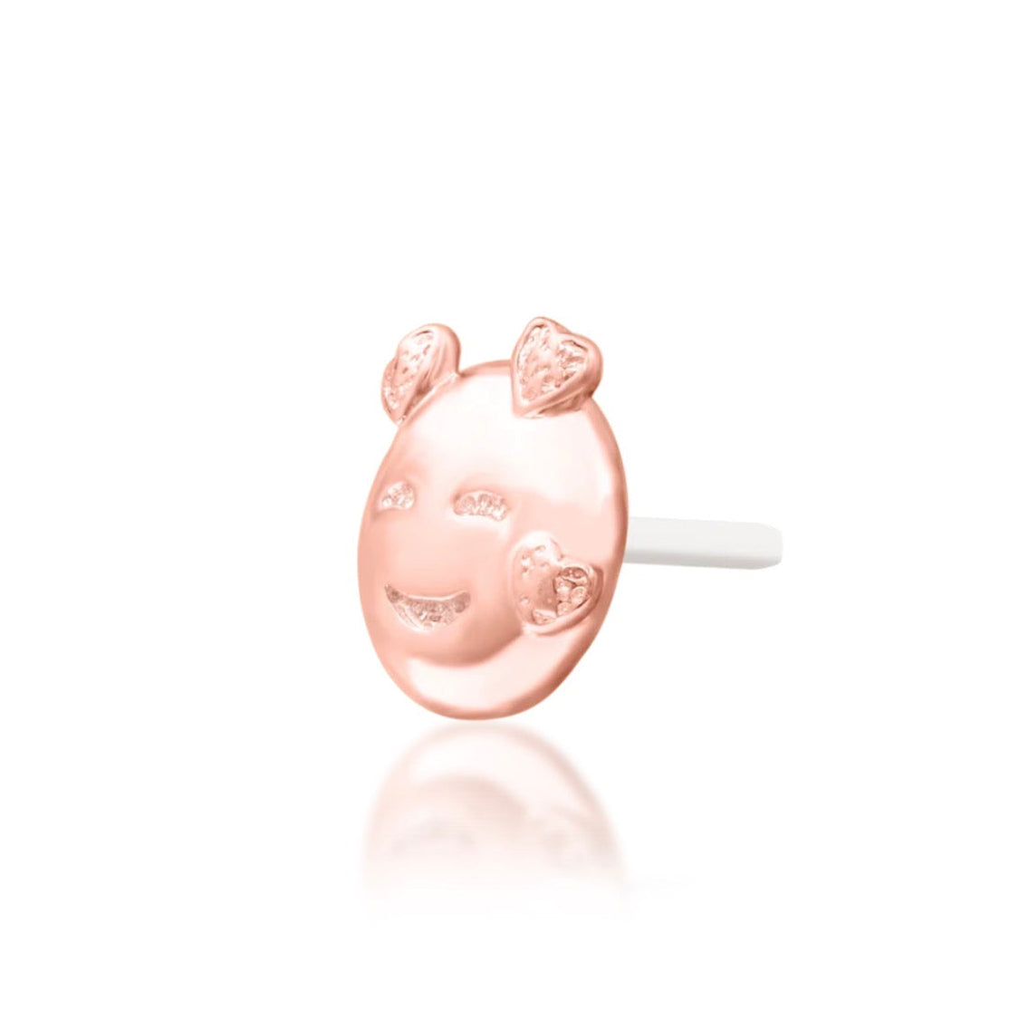 Junipurr All In My Feelings solid 14k rose gold smiling emoji with hearts threadless end, angled view.