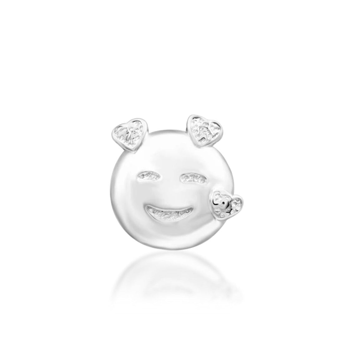 Junipurr All In My Feelings solid 14k white gold smiling emoji with hearts threadless end, front view.