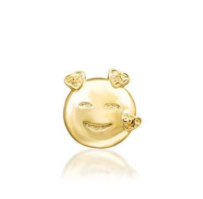 Junipurr All In My Feelings solid 14k yellow gold smiling emoji with hearts threadless end, front view.