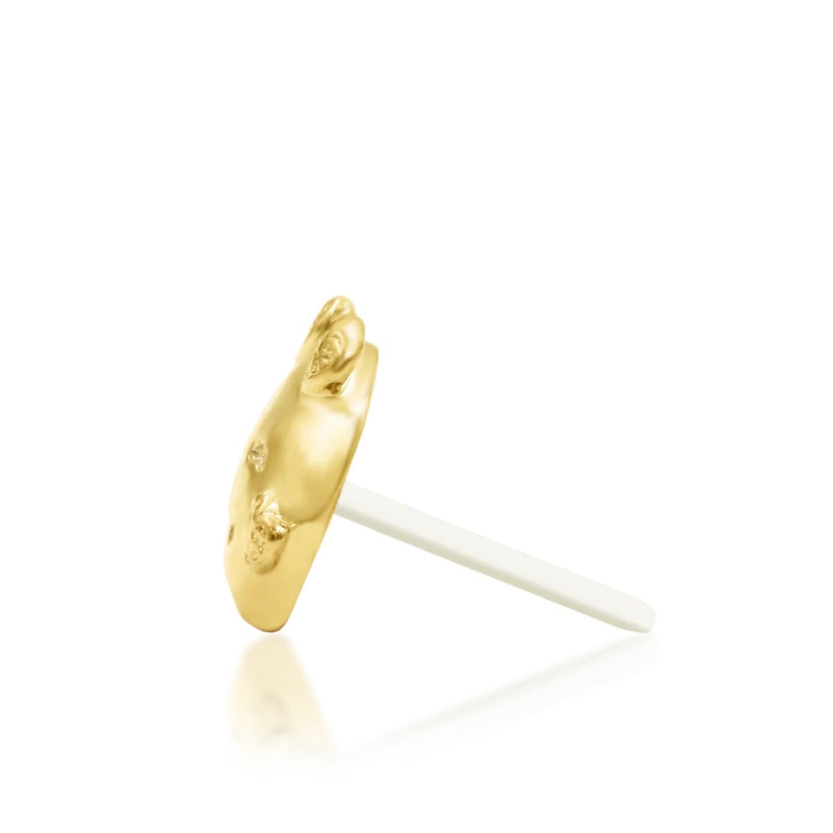 Junipurr All In My Feelings solid 14k yellow gold smiling emoji with hearts threadless end, side profile.