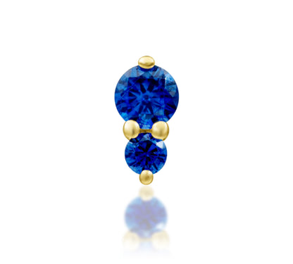Junipurr Aman solid 14k gold threadless end with two graduated Sapphire Blue CZ stones, product view.