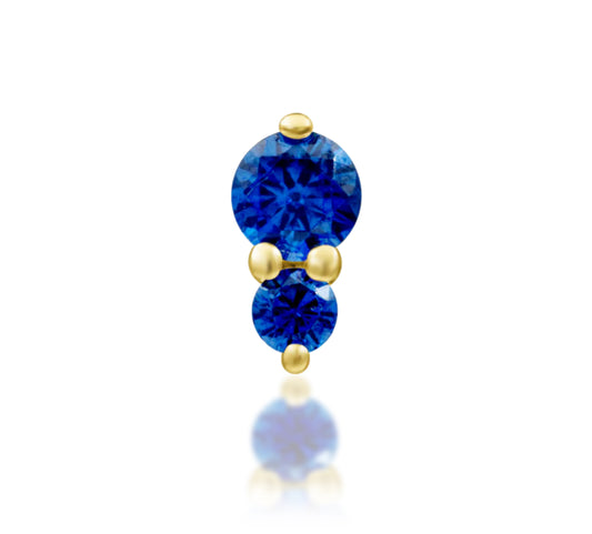 Junipurr Aman solid 14k gold threadless end with two graduated Sapphire Blue CZ stones, product view.