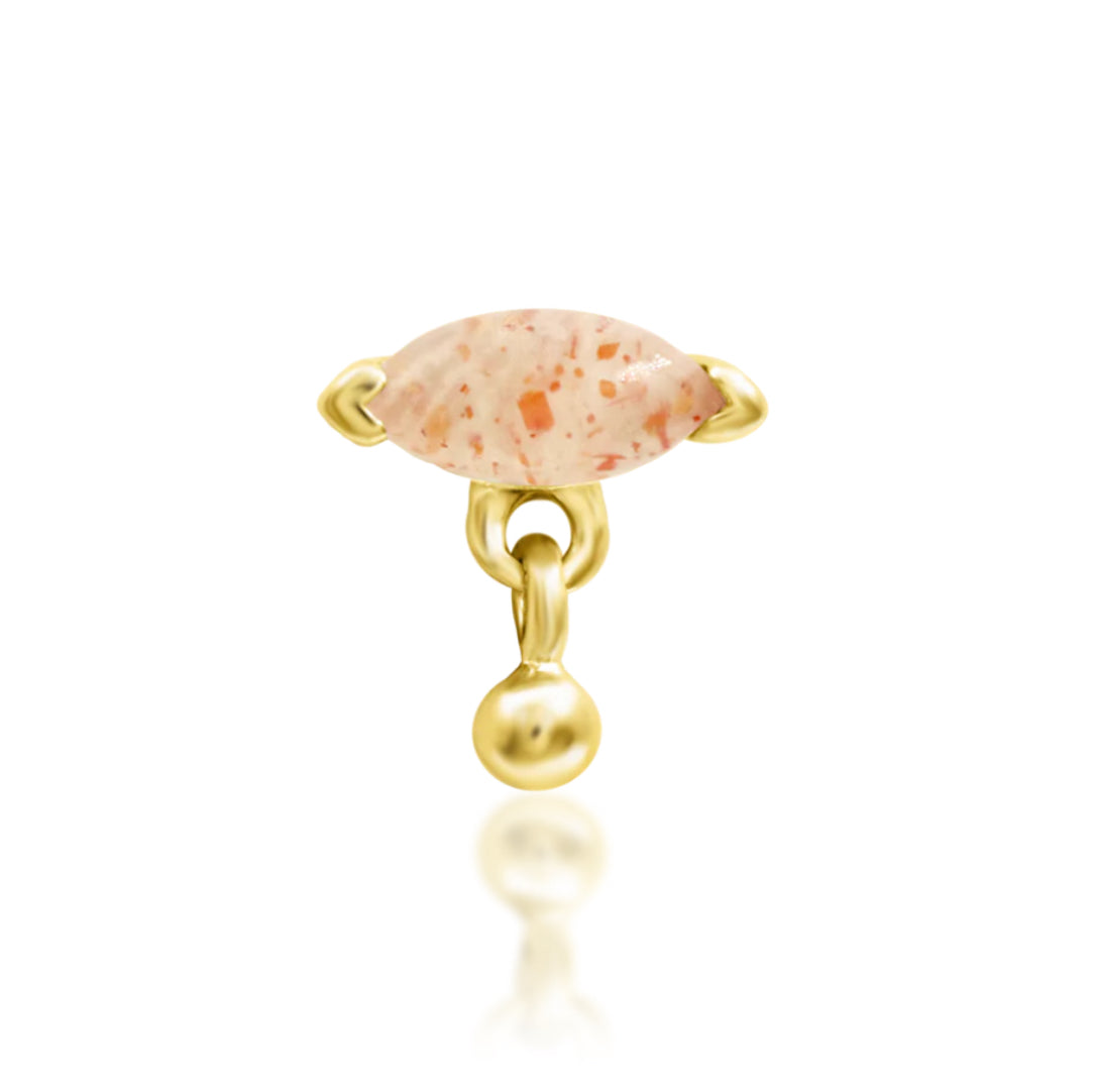 Junipurr Amanda solid 14k gold threadless dangle end with a marquise Sunstone, product view.
