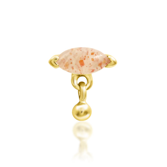 Junipurr Amanda solid 14k gold threadless dangle end with a marquise Sunstone, product view.
