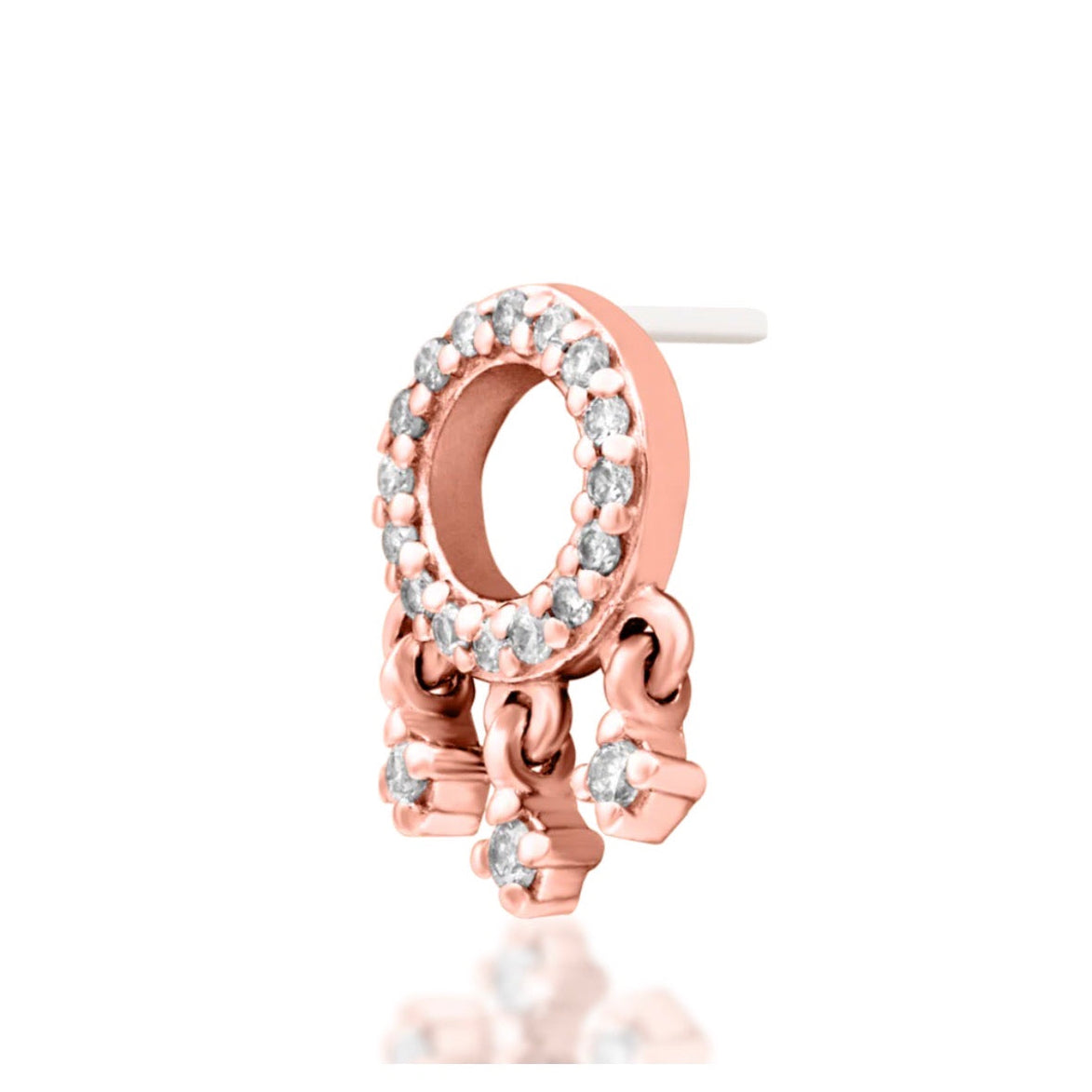 Junipurr Amaze solid 14k rose gold lab-grown diamond dangle threadless end, angled view.