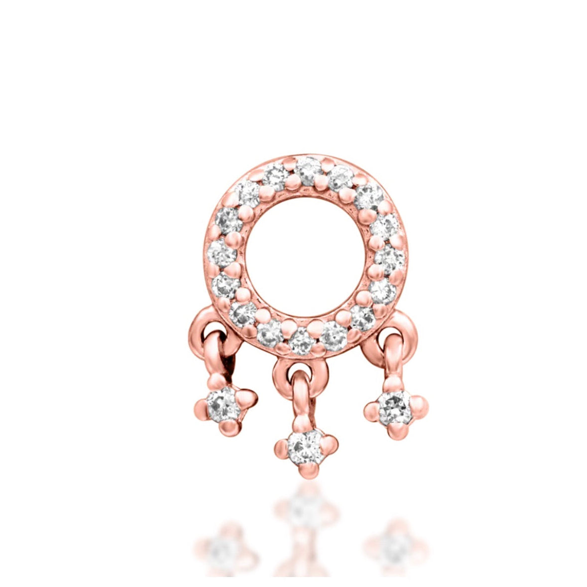 Junipurr Amaze solid 14k rose gold threadless dangle set with lab-grown diamonds, front view.