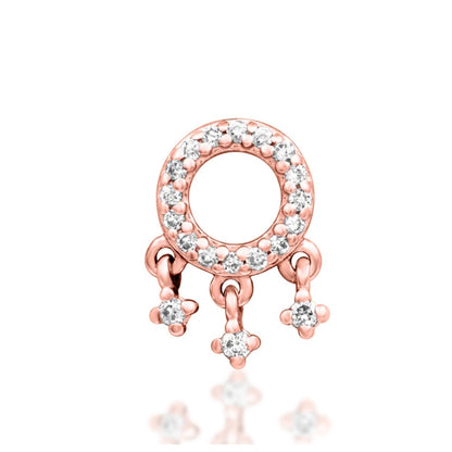 Junipurr Amaze solid 14k rose gold threadless dangle set with lab-grown diamonds, front view.