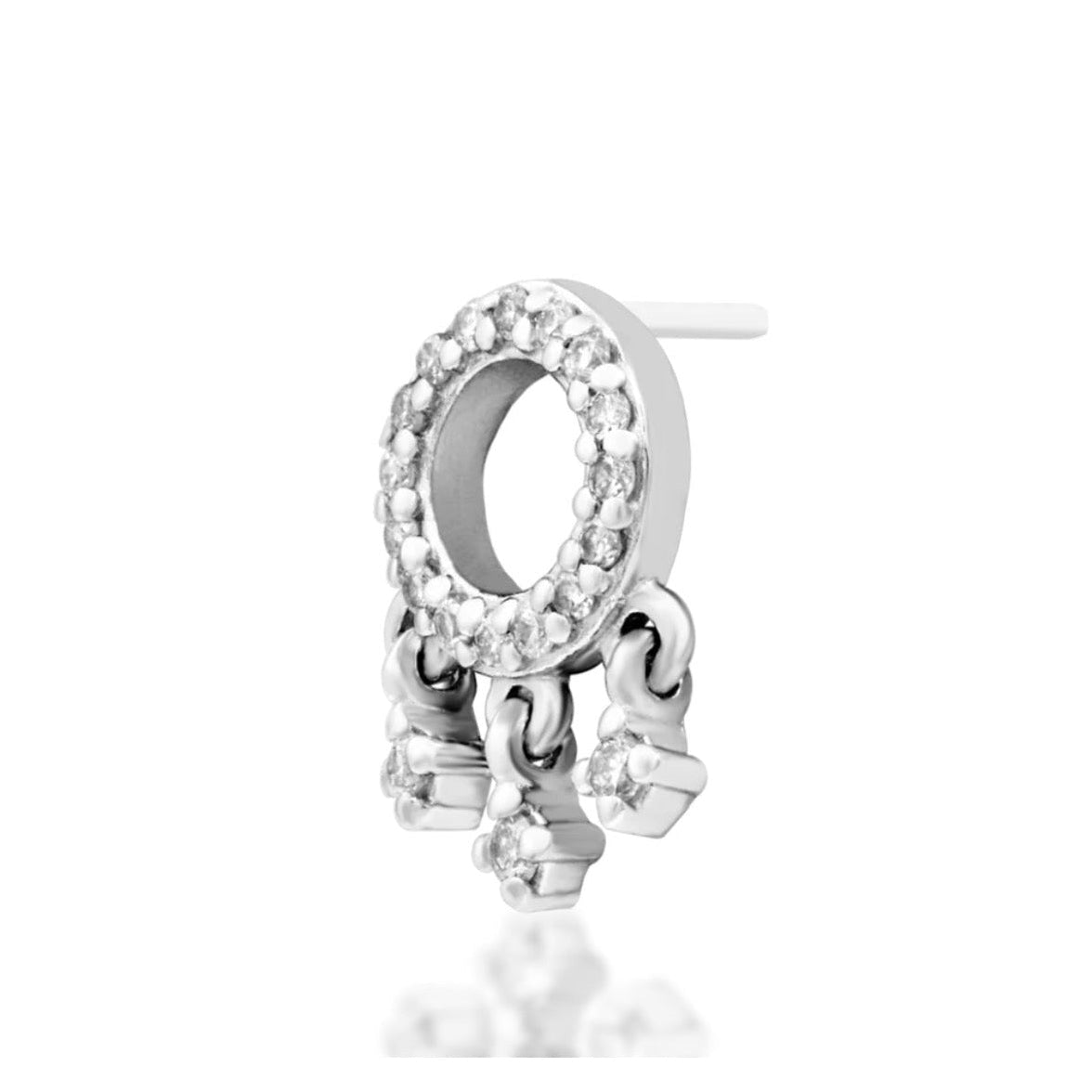 Junipurr Amaze solid 14k white gold threadless dangle set with lab-grown diamonds, front view.