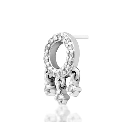 Junipurr Amaze solid 14k white gold threadless dangle set with lab-grown diamonds, front view.