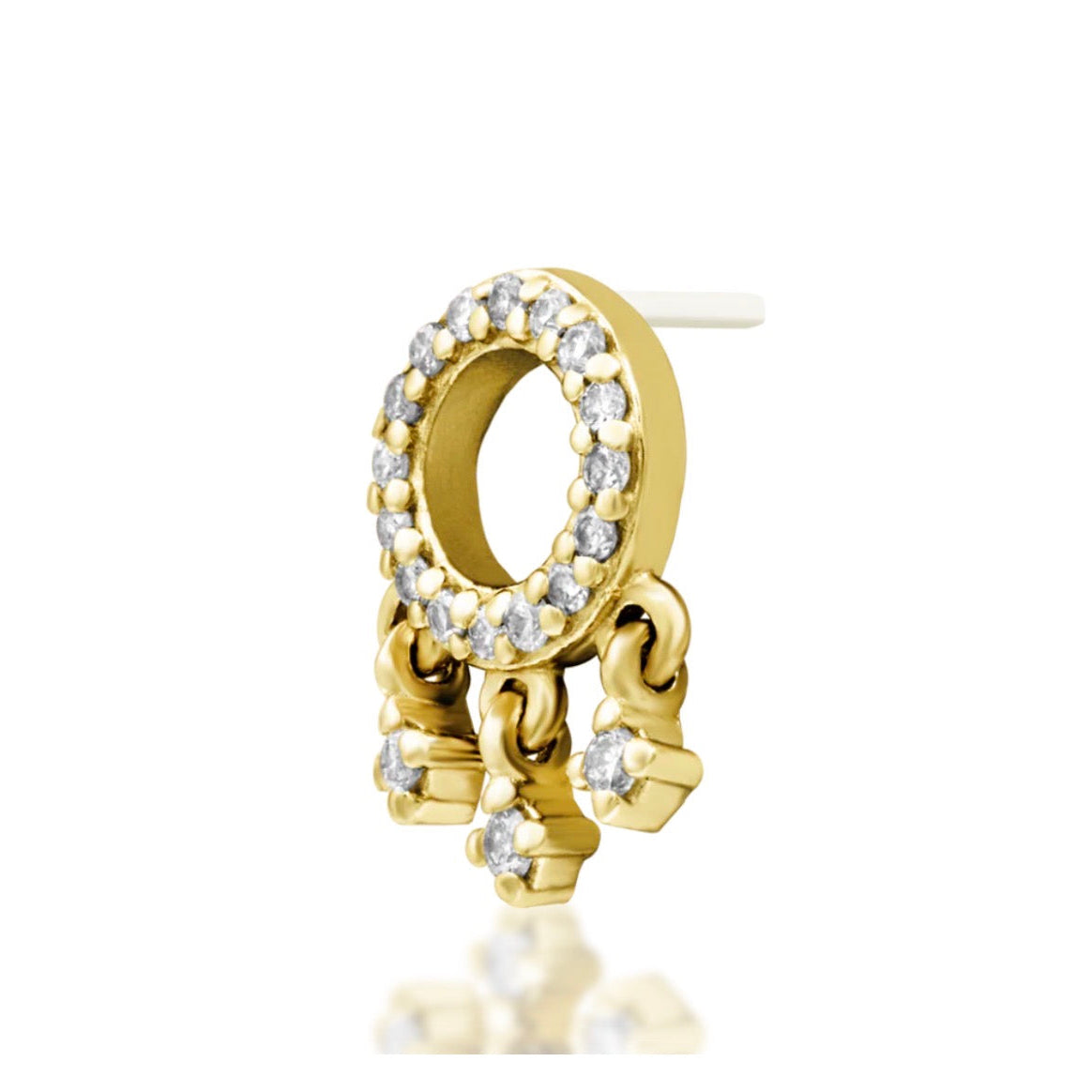 Junipurr Amaze solid 14k yellow gold lab-grown diamond dangle threadless end, angled view.