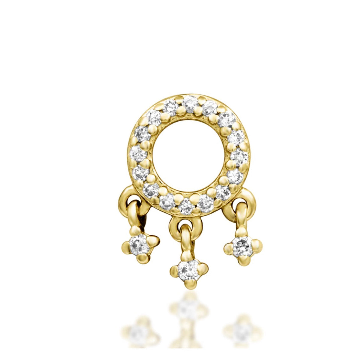 Junipurr Amaze solid 14k yellow gold threadless dangle set with lab-grown diamonds, front view.