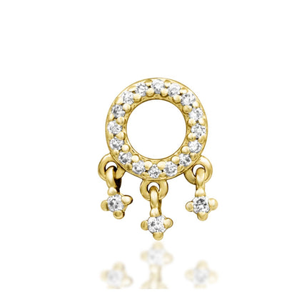 Junipurr Amaze solid 14k yellow gold threadless dangle set with lab-grown diamonds, front view.