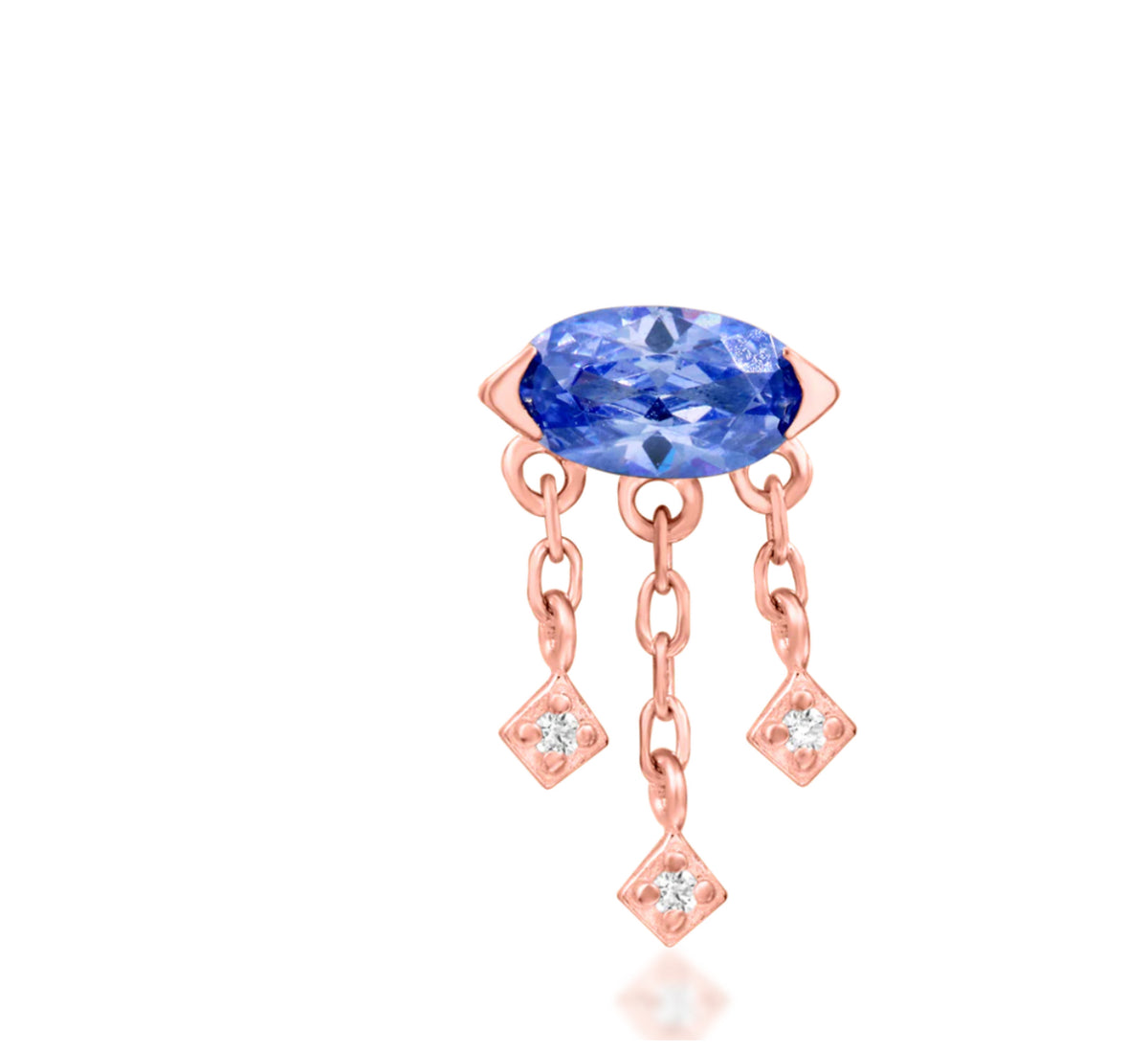 Junipurr Amidah solid 14k gold Tanzanite CZ dangle threadless decorative end, product view.