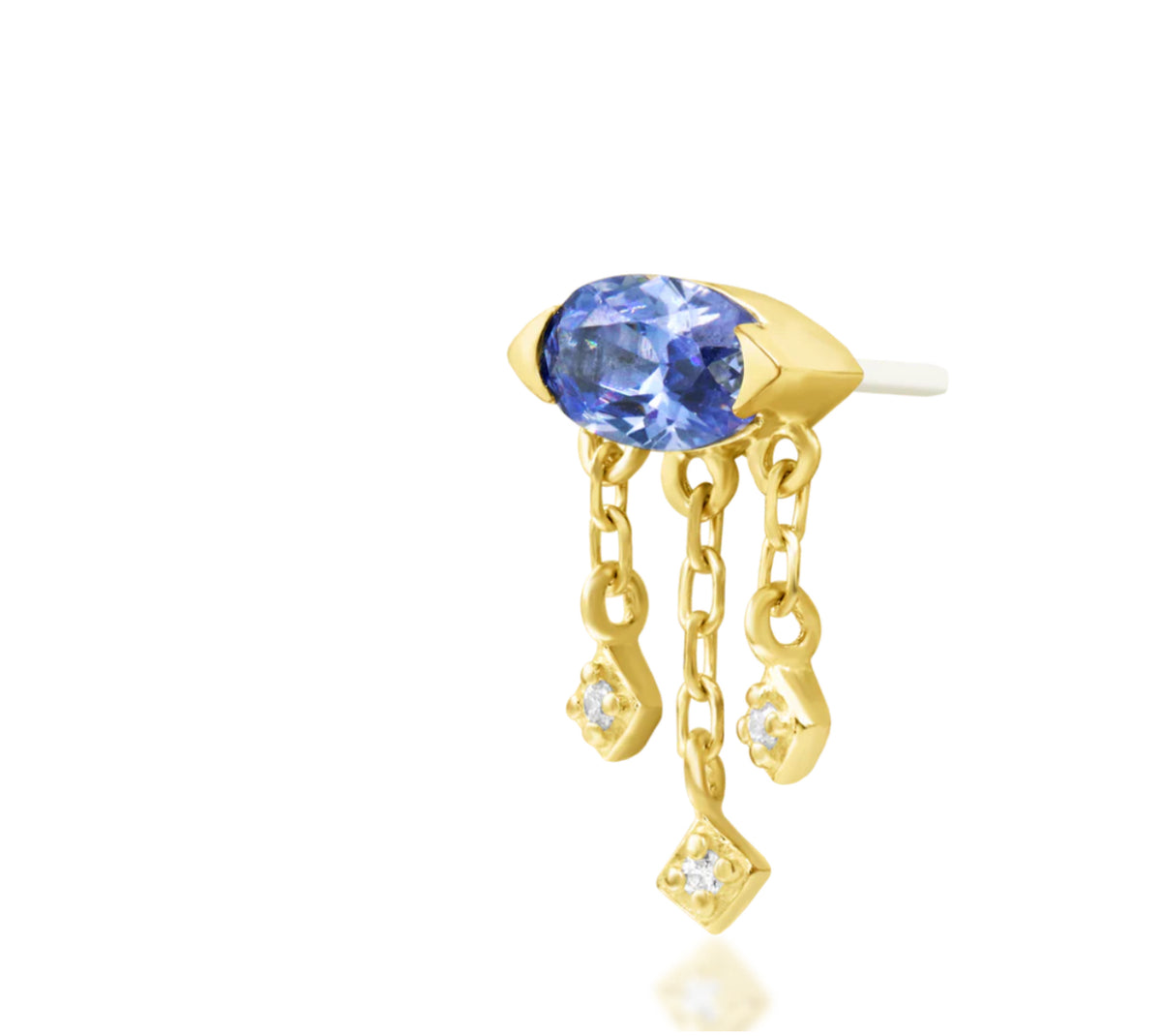 Junipurr Amidah Tanzanite CZ threadless decorative end in solid 14k gold, product view.