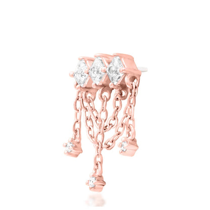 Junipurr Amirah solid 14k rose gold White CZ chain threadless end, angled view.