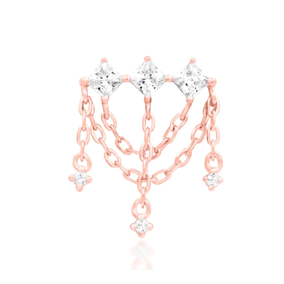 Junipurr Amirah solid 14k rose gold threadless chain end with three White CZ stones, front view.
