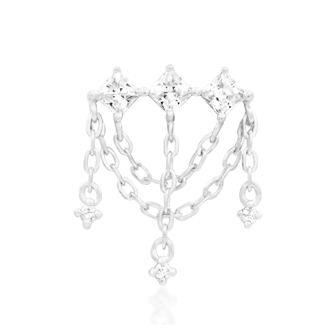 Junipurr Amirah solid 14k white gold threadless chain end with three White CZ stones, front view.