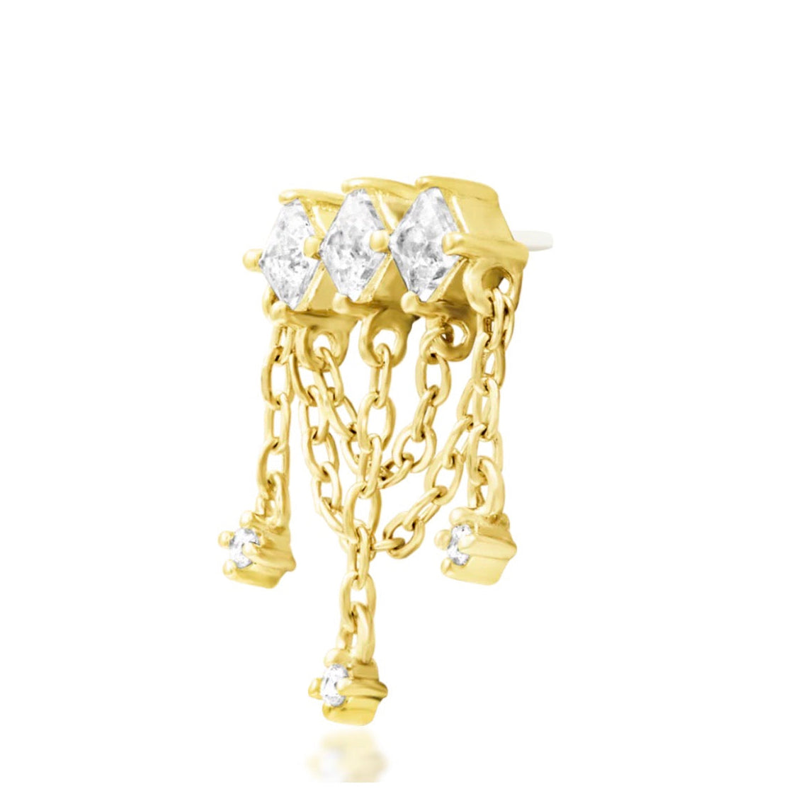 Junipurr Amirah solid 14k yellow gold White CZ chain threadless end, angled view.